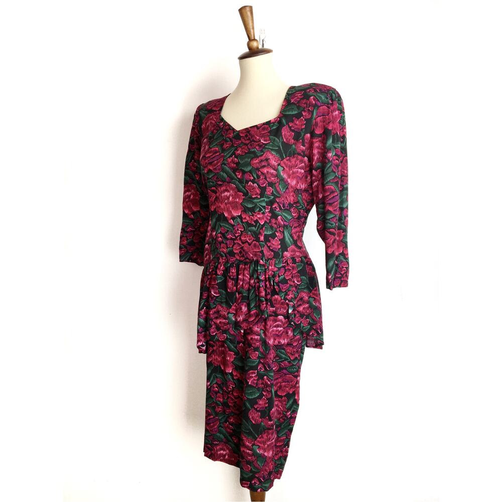 Vintage 80s 90s floral peplum ruffle midi dress sweetheart neckline Size 10